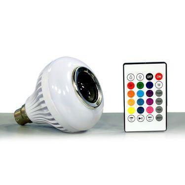 Color changing LED music bulb with Bluetooth speaker and remote control for ambiance lighting.