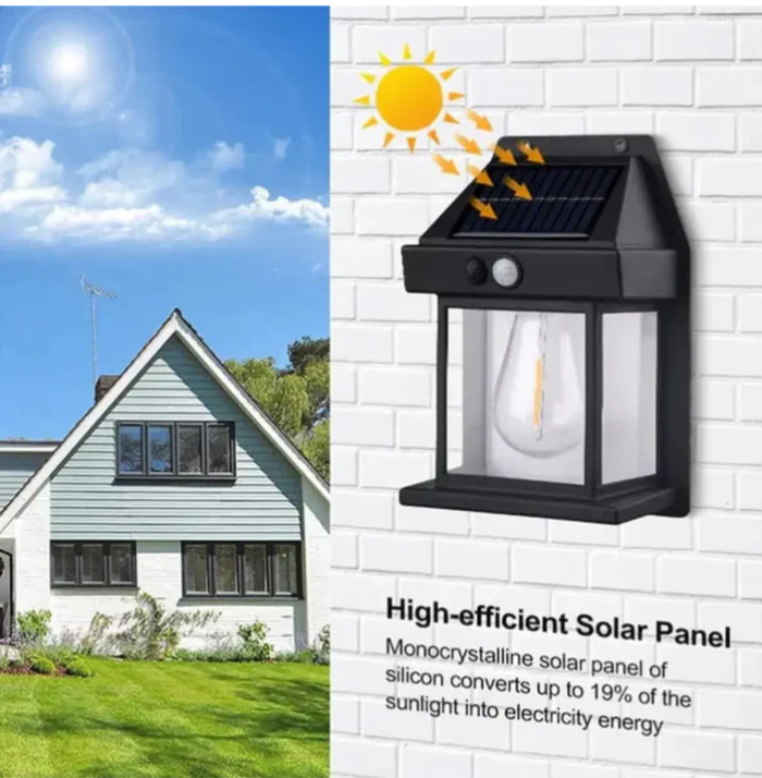 Solar-powered outdoor wall light with high-efficiency solar panel, providing eco-friendly illumination for home exteriors.