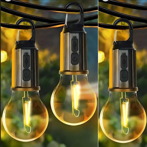 Rechargeable LED Hanging Bulb with hook, showcasing energy-efficient lighting and adjustable modes outdoors.