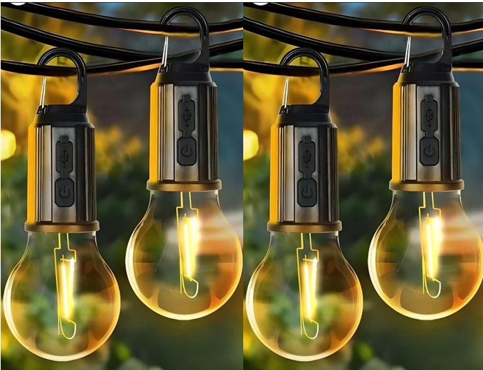 Rechargeable LED Hanging Bulb with adjustable modes for ambient and outdoor lighting.