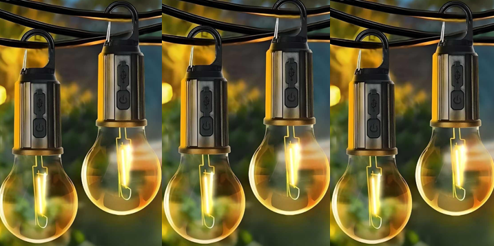 Rechargeable LED Hanging Bulb trio with adjustable modes for eco-friendly lighting in outdoor settings.