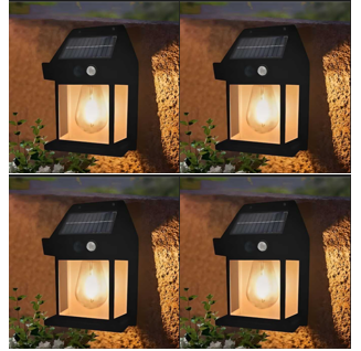 Four wall-mounted solar lights illuminating outdoor spaces, showcasing eco-friendly design and easy installation.