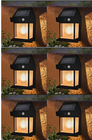 Four outdoor solar-powered lights mounted on walls, illuminating surrounding plants with eco-friendly lighting.